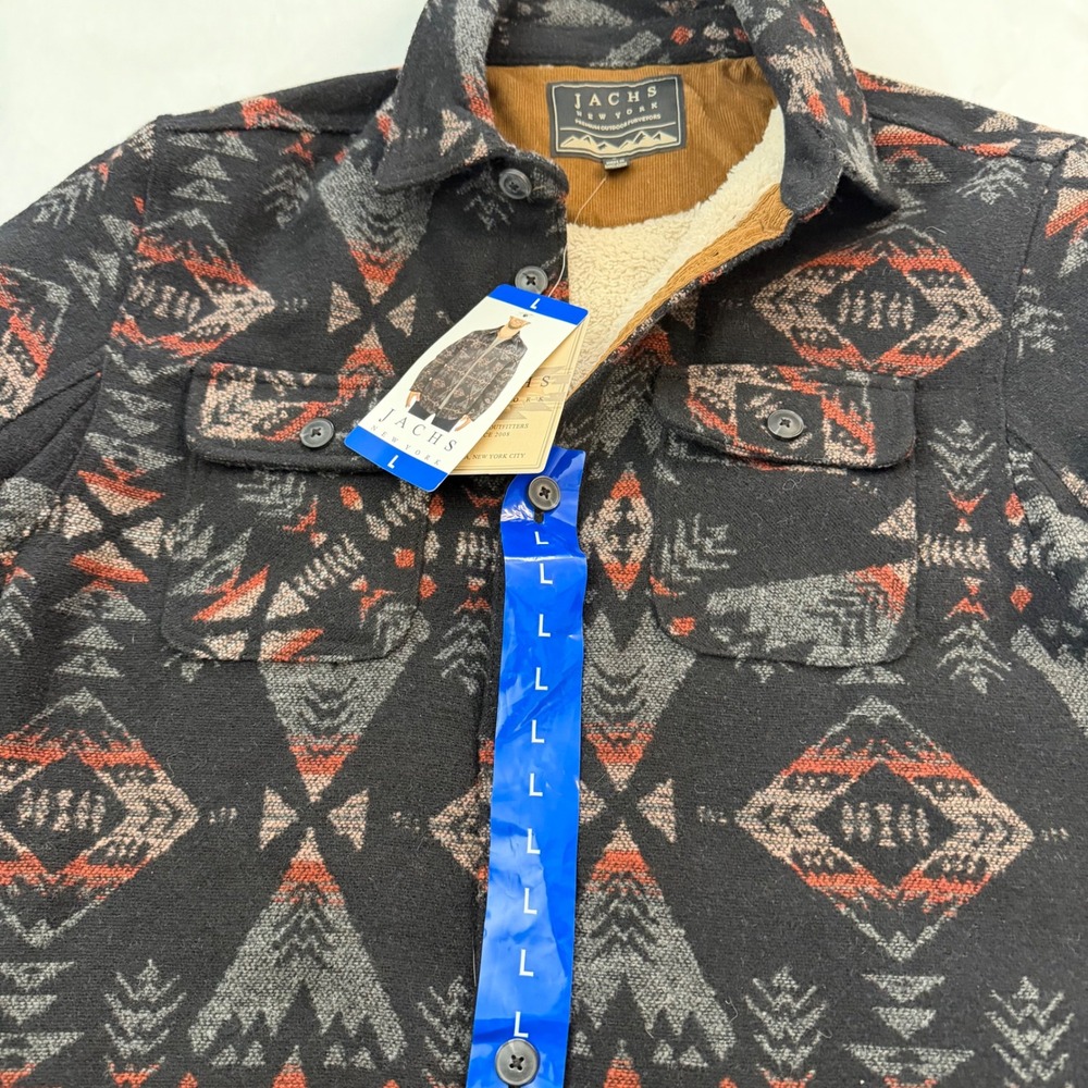 Jachs NY Mens L Black Aztec Southwest Print‎ Sherpa Lined Flannel Shirt Jacket